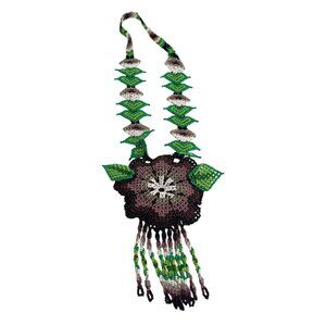 Handcrafted Native Boho Beaded Flower Necklace Green Brown Purple